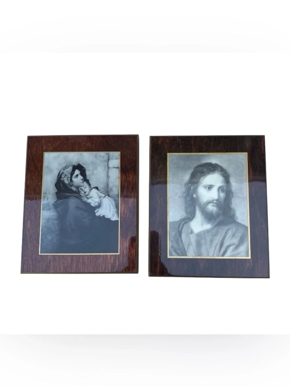 Roberto Ferruzzi Pyraglass Inc Wooden Plaque Pair Jesus & Madonna of the Streets